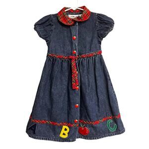 Vintage 80s 90s Youngland Girls Denim Dress Alphabet ABCs School Apples Size 6